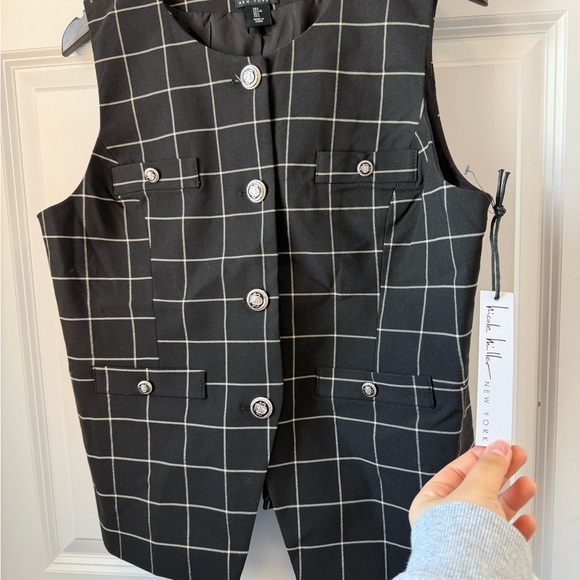 Windowpane Check Black Button Front Vest - Picture 2 of 4